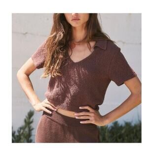 Free People Sweater Women's Small Brown Short Sleeve Collared Crop Polo